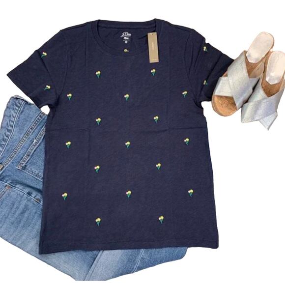NWT J. Crew Navy Embroidered Tulips Slub Cotton Crewneck T-shirt - SIZE SMALL - Picture 1 of 7